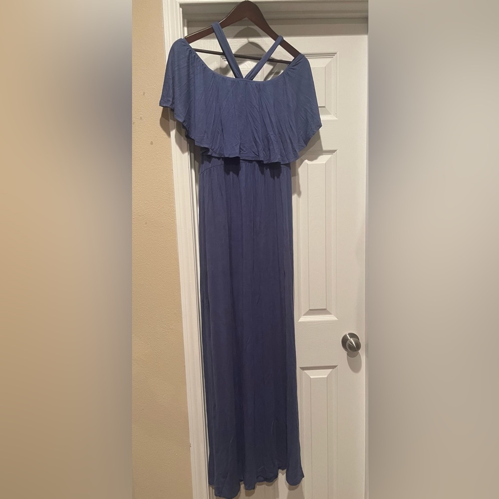 Blue Pregnancy Dress Mother Bee Maternity Open Shoulder Dress